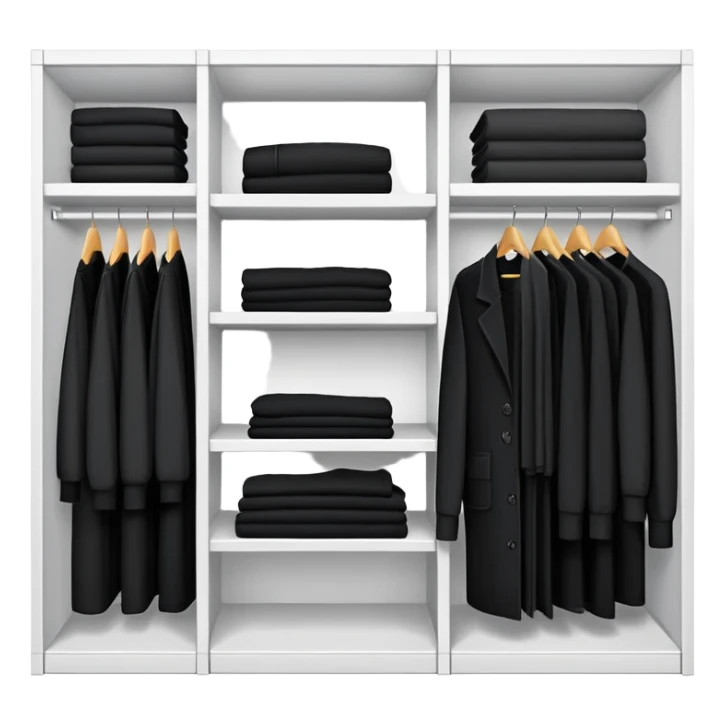 Closet organizer with visible compartments filled with black long sleeve shirts, sweaters and work clothes sticker