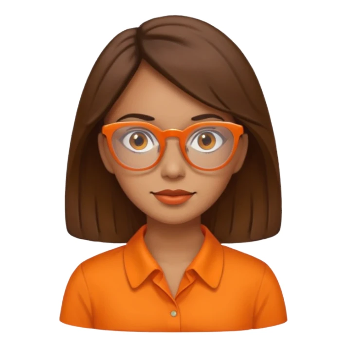 hispanic woman with  brown hair,  orange sectacles and orange blouse  with a collar sticker
