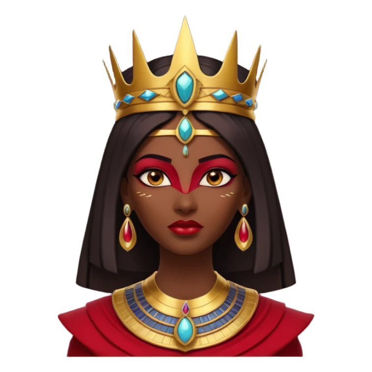 gothic ancient Egyptian queen portrait, head and shoulders only, deep red outfit, gold accents, Egyptian crown, bold makeup, dramatic lighting, 3D cartoon, mobile game icon style, clean background, no text, no watermark
 sticker