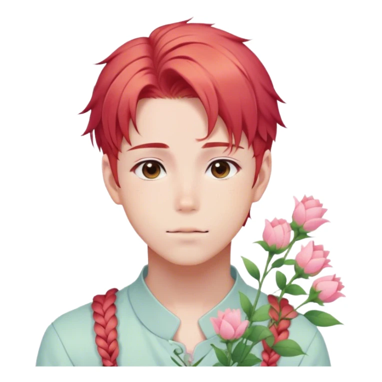 Gorgeous pastel red hair with a thin braid on the side anime style shojo guy with blushing face and flowers aesthetic trending style outside sticker