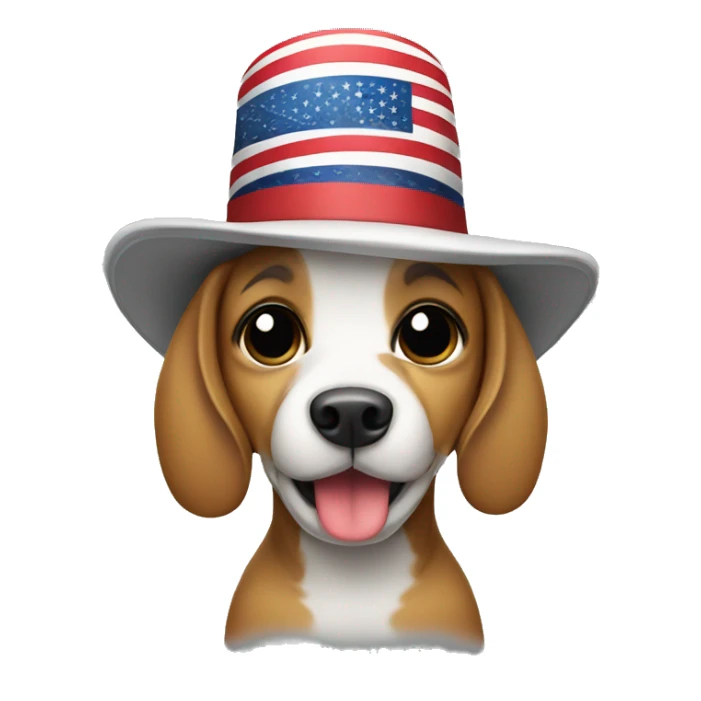 Dog wearing a hat and holding an American flag sticker