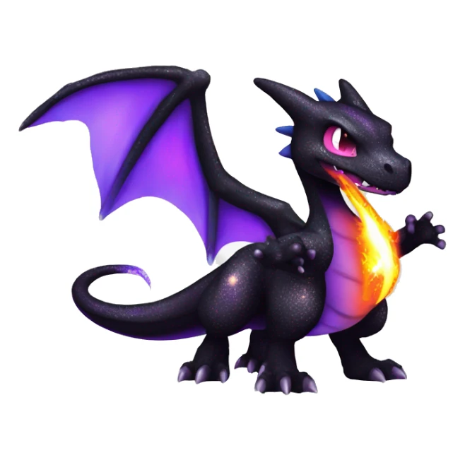 Black shiny sparkly chibi Charizard-Raptor-Fakémon with purple flame on tail full body sticker