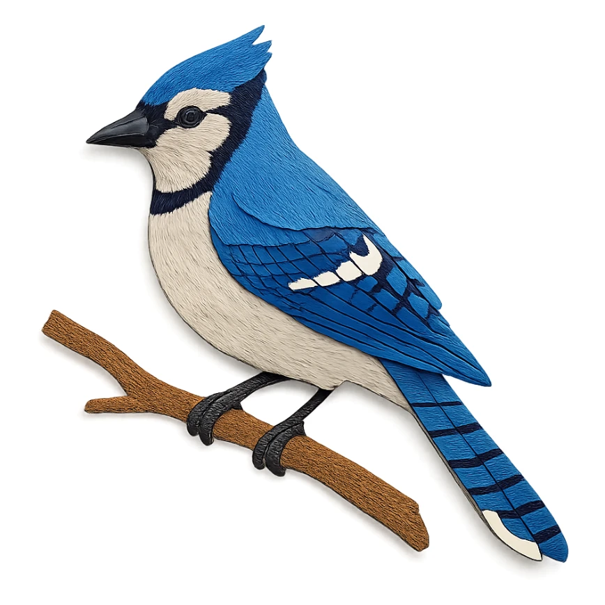 very detailed blue jay perched on a tree branch, intricate cut paper textures, vibrant blue and white feathers sticker