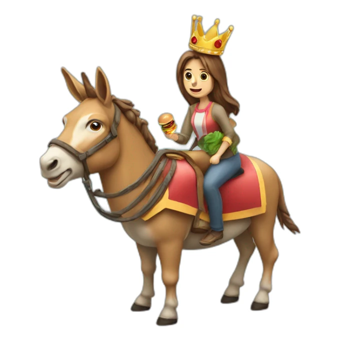 A man and a woman eating a burger while riding a donkey with a golden crown on top of its head sticker