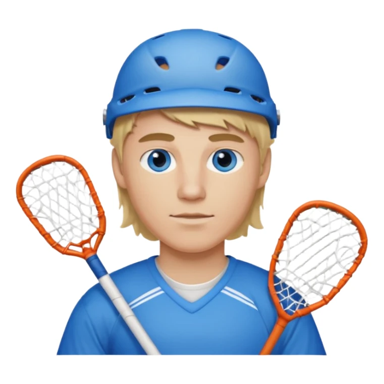 Blonde white with blue eyes lacrosse guy holding one lacrosse stick wearing blue and white gear  sticker