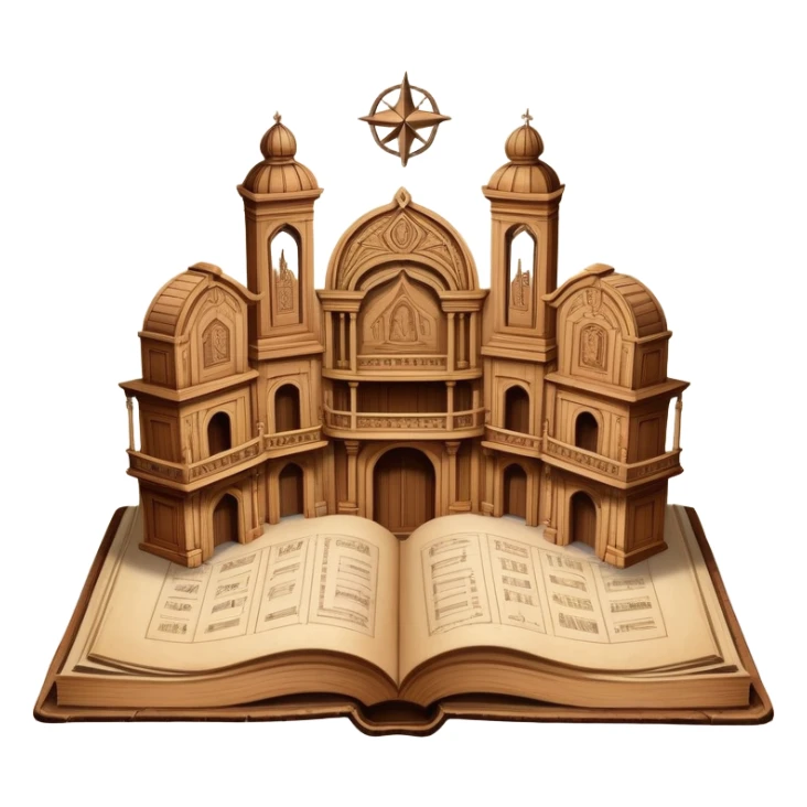 Ancient book with pages open wide displaying multiple theatrical set sketches, perspective drawings of stage designs, backdrop illustrations with Puerto Rican symbols integrated, wooden cover edges sticker