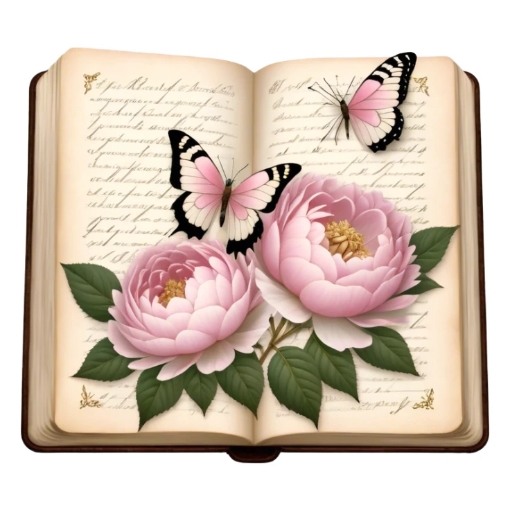An aged botanical journal, its golden-edged pages filled with delicate pressed pink roses, white peonies, and blush dahlias, as a pearl butterfly delicately rests on the handwritten notes.
 sticker