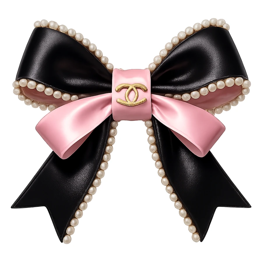 heart only the elegant bow with pearls and gold Chanel logo, glossy, pastel colors, realistic style, with no background. black pink,  sticker