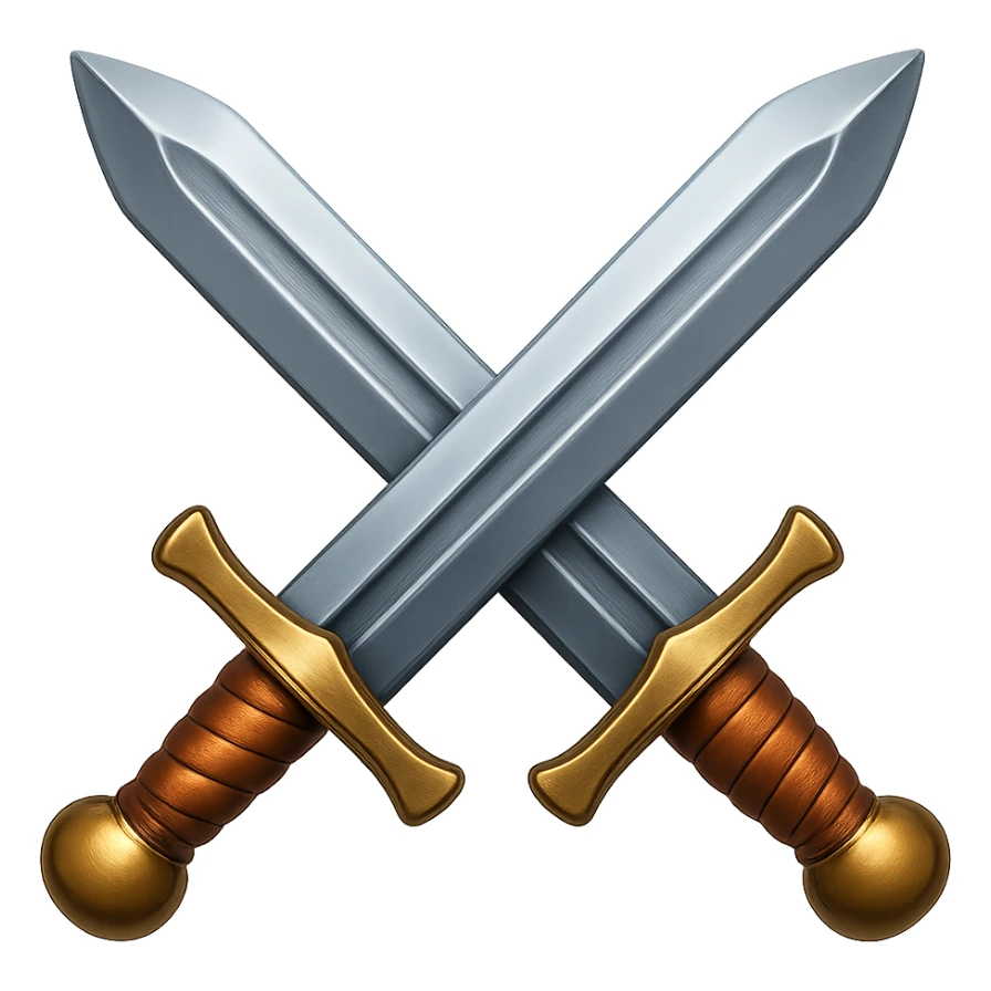 Сгенерируй мне в стиле детализированного емодзи два скрещенных меча железных на пнг фоне без фона sticker