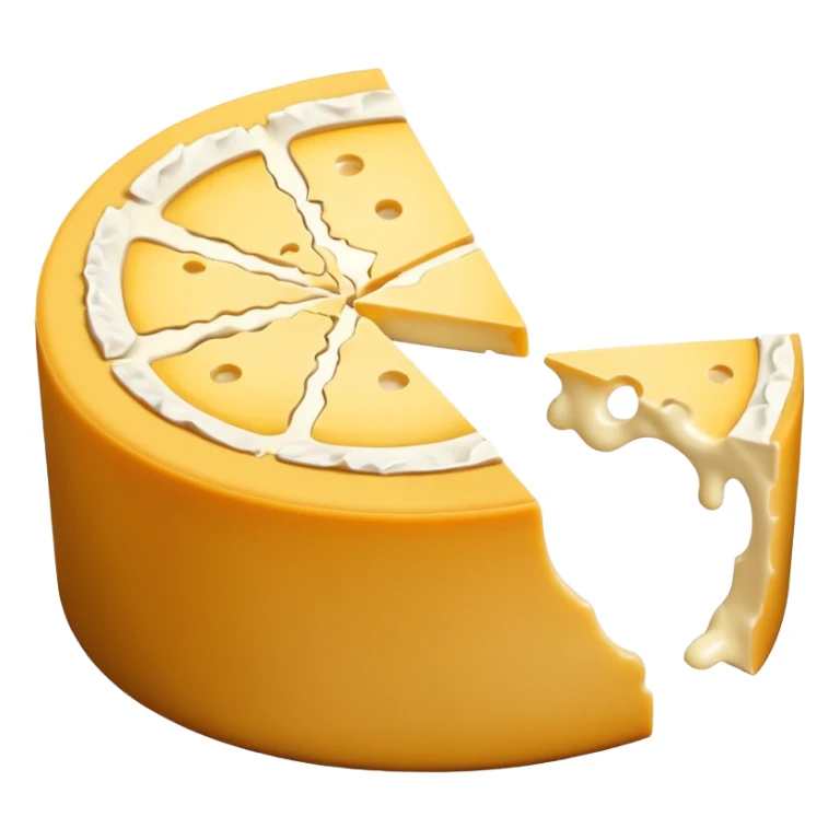 small circular Coulommiers cheese wheel with white velvety bloomy rind and creamy pale yellow interior, neat wedge cut out showing gooey edge and smooth texture, soft lighting, subtle shadows, transparent background, emoji scale sticker