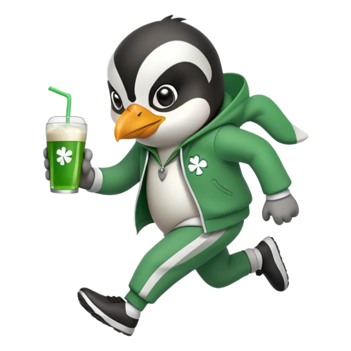full body friendly anthropomorphised penguin wearing green mafia-style tracksuit, angry, running determined sprint, shamrock accessory, no drink sticker