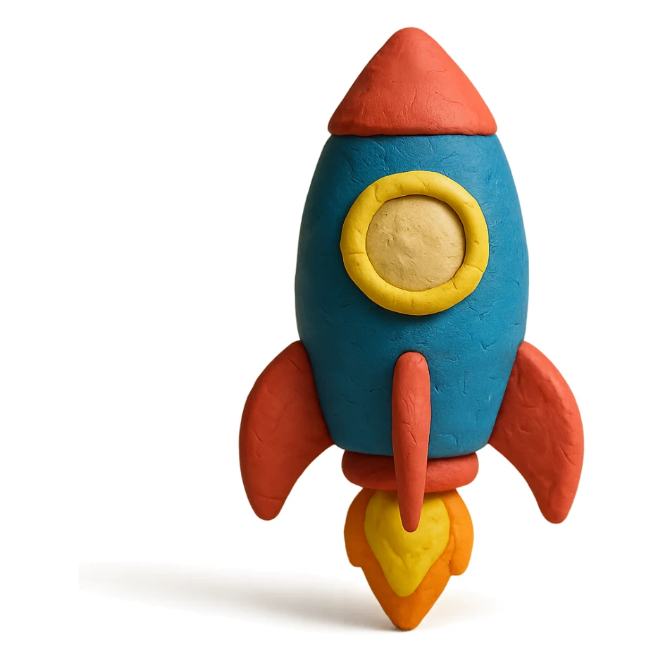 rocket ship, matte finish, playful colors, matte plasticine claymation style sticker