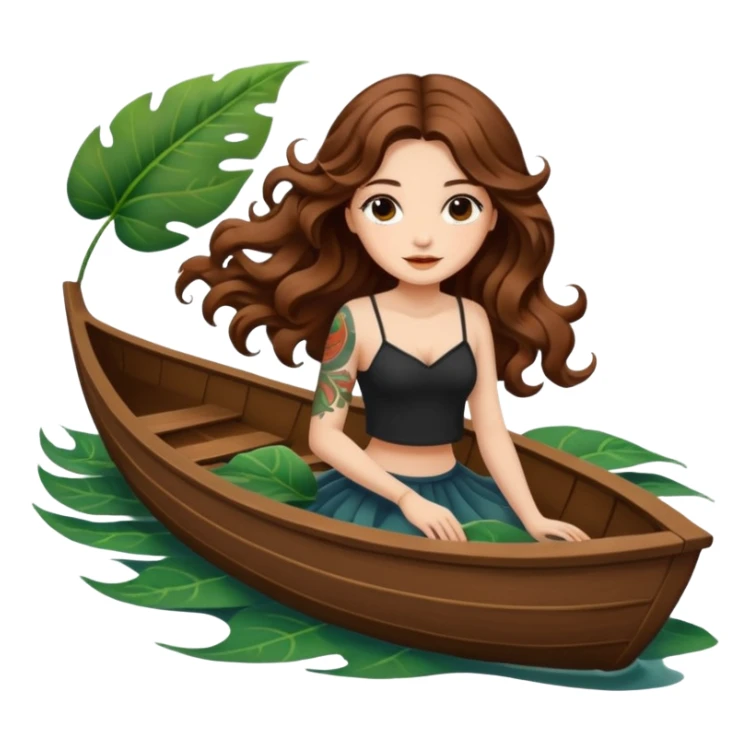 cute woman long wavy brown hair tattoos floating on leaf boat sticker