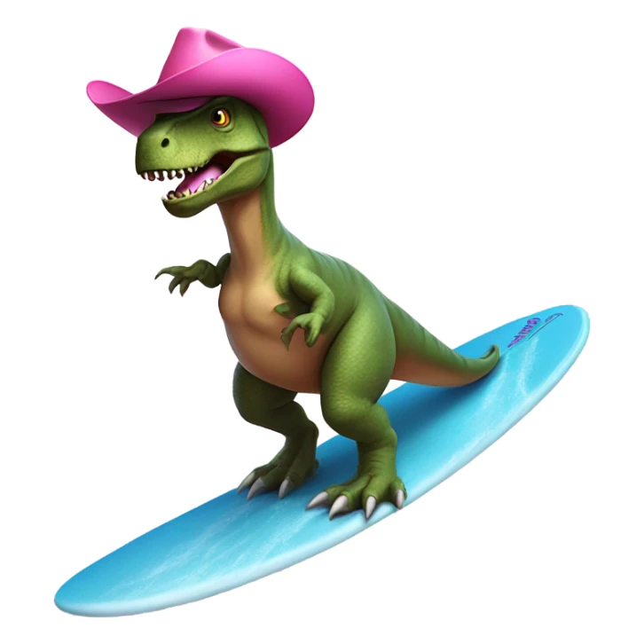 T-rex riding a surfboard with a pink cowboy hat on sticker