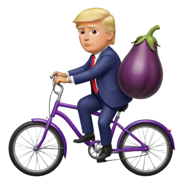 Donald Trump riding a bicycle holding an eggplant sticker