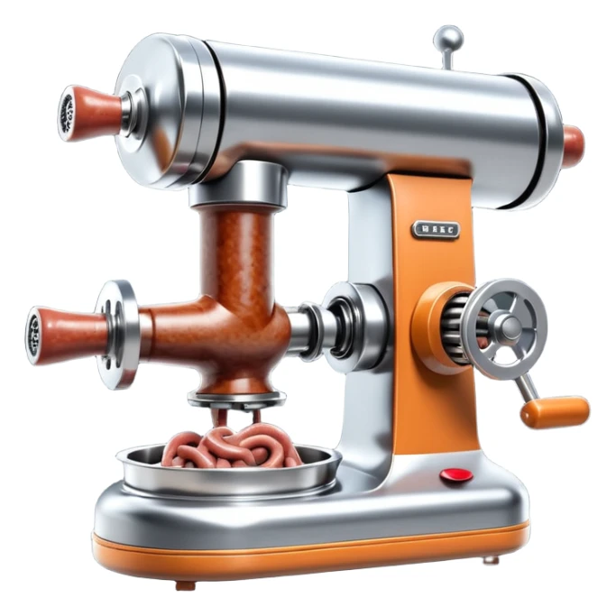 sausage-processing droid. retro-futuristic style. top is a circular industrial meat grinder with rotating gears and blades. Two robotic arms feed material into grinder. Sausage links extrude from the rear like  factory. The body is metallic, compact, and floats above the ground.no legs. Dark humor sticker