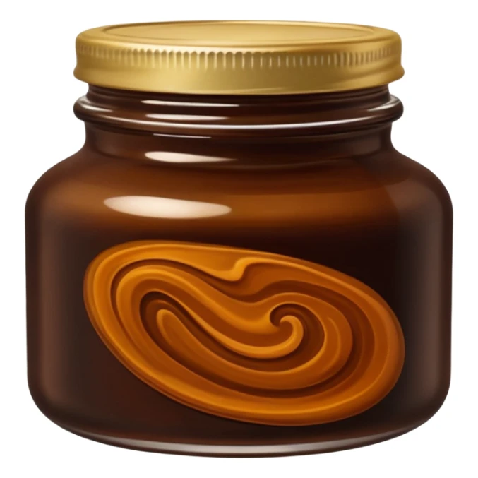 open jar or shallow tin containing thick, glossy dark brown to black paste with smooth slightly swirled surface, dense oily texture with subtle amber highlights, no spatula, no bubbles, no extras, just open container and visible soap, soft lighting, subtle shadows, emoji scale sticker