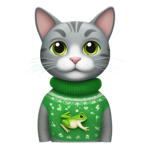 grey cat with green frog sweater sticker
