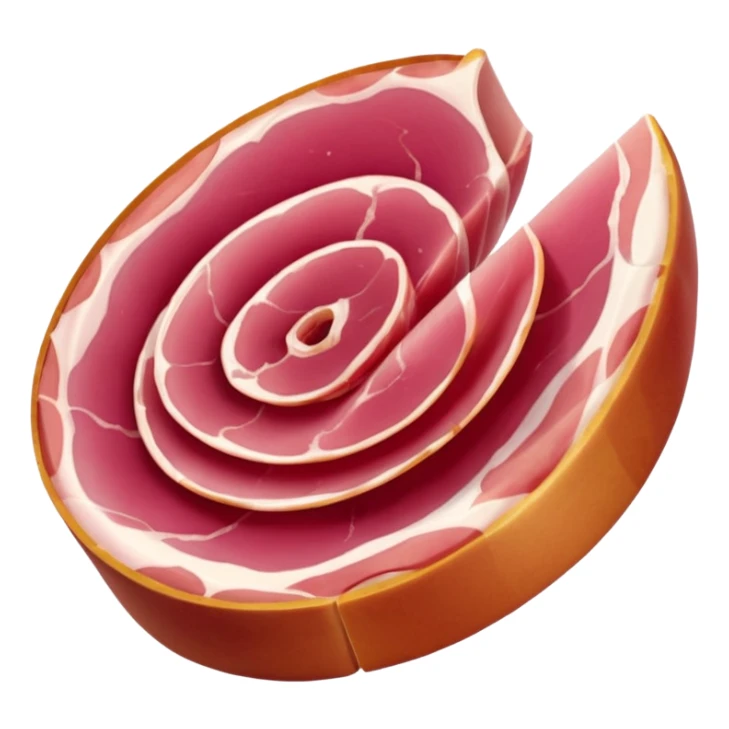 cured ham slices thin folded two to three, deep pink to reddish, marbled with white fat, smooth, slightly translucent, soft curls at edges, tender air-dried, apple emoji style, soft lighting, emoji scale sticker