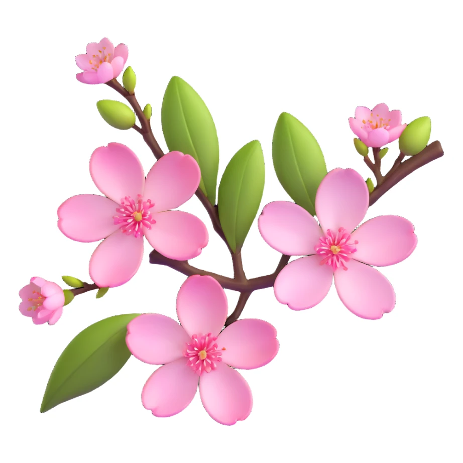 Beautiful single pink cherry blossom (sakura) flower on brown branch with realistic texture and depth, five delicate petals with subtle pink gradient sticker