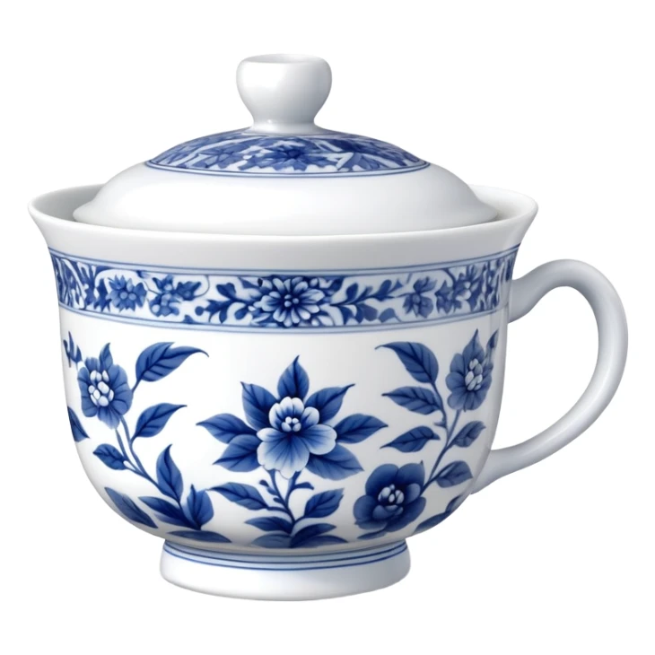 traditional Chinese tea cup with blue and white porcelain design sticker