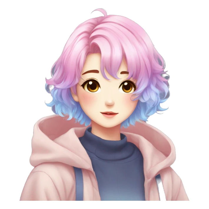 Gorgeous anime style shojo character with blushing face aesthetic and pretty colorful shiny gradient pastel hair trending style sticker