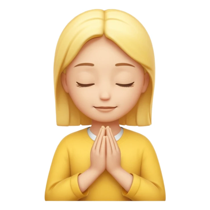 A 3D Apple-style yellow round emoji, calm and patient expression, closed eyes with a gentle smile, hands together in front as if waiting or praying, soft relaxed eyebrows, subtle glow around the head to symbolize patience, clean minimal background sticker