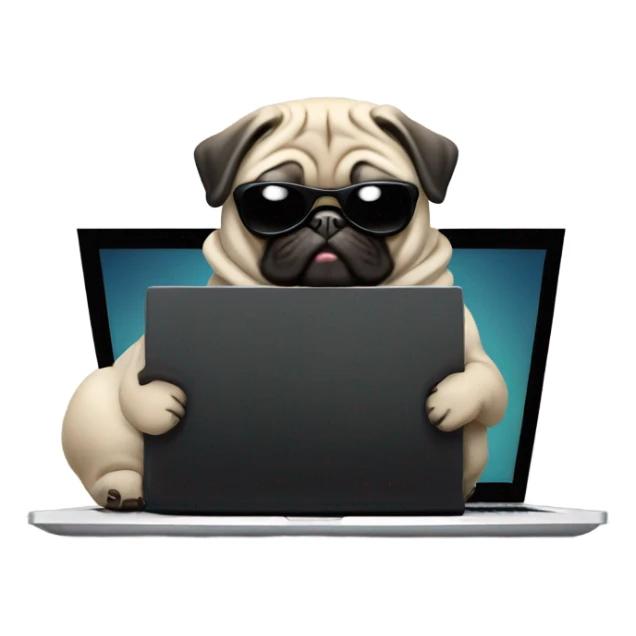 Pug wearing a black hoodie and using a laptop and wearing sunglasses sticker