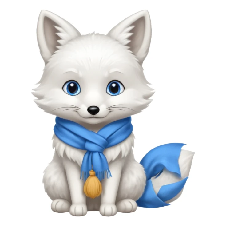 a white fox with blue eyes wearing a blue scarf in a sitting pose sticker