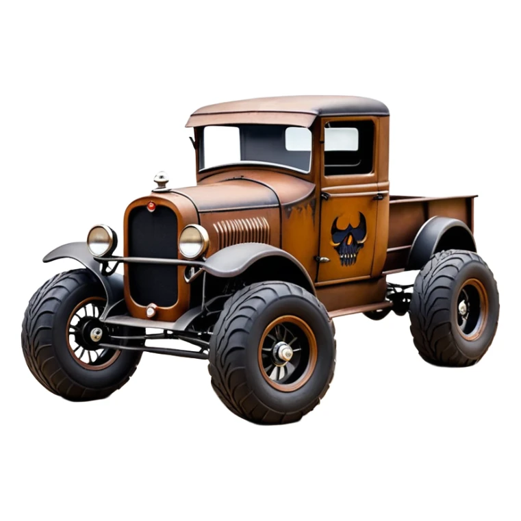 1:10 off-road lcg smoking rusting Basher style 1927 blackened tarnished hotrod rat rod streamlined anime vampire ghostly Dodge zombie infected extended-cab rc bulging pickup (extra wide low-profile pin tires chrome wheels with fenders) sticker