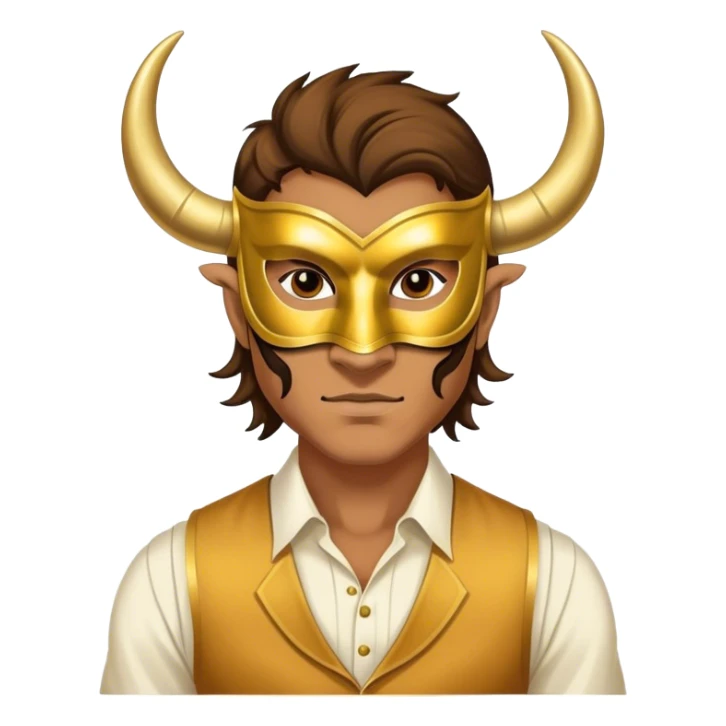 a man, with a vest,  wear half-face golden Buffalo masquerade mask sticker