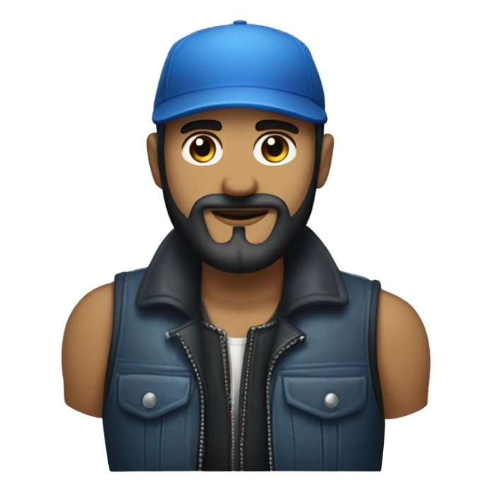 a man with a midium black beard, a blue cap, a sleevless vest and a harley blue motorcicle sticker