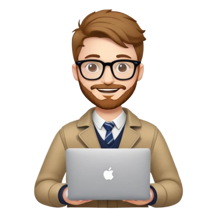smiling college stylish British  hipster man with MacBook with glasses sticker