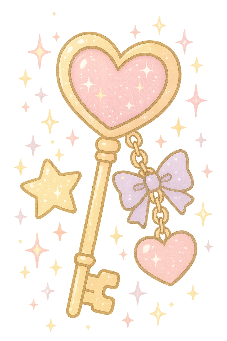 girly sparkling charm key, pastel colors, no background sticker
