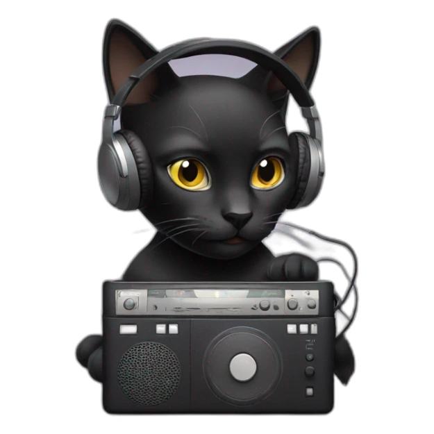Black cat listening music with a grey walkman sticker
