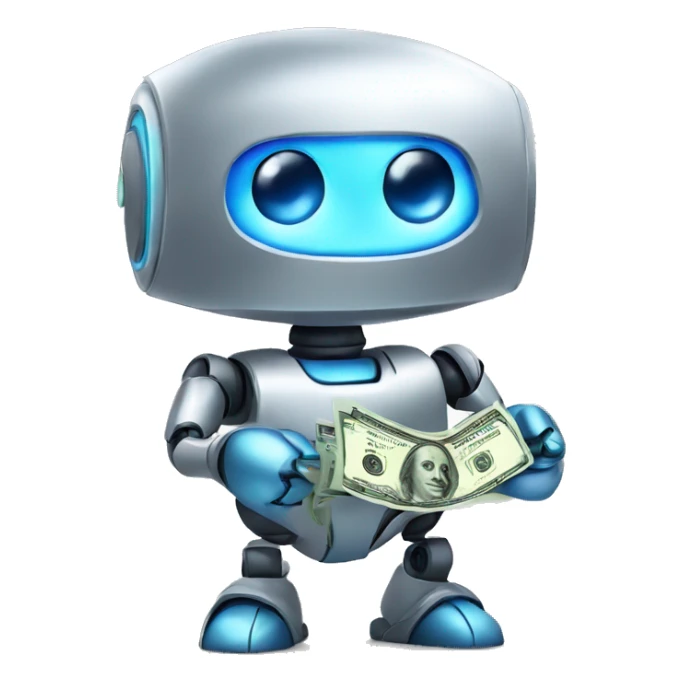 cute silver big-blue-eyed robot holding money sticker