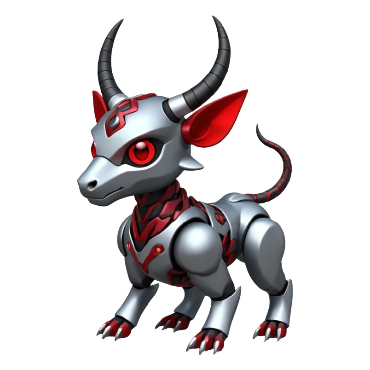 Futuristic mechanical cyborg horned modern badass cool shiny metallic alloy silver-grey obsidian-black crimson-red white animal hybrid Fakemon full body with intricate patterns sticker