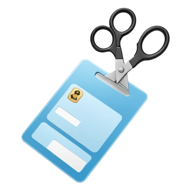 Floating black Scissors cutting a light blue military ID card in 2 parts .hyper realistic sticker