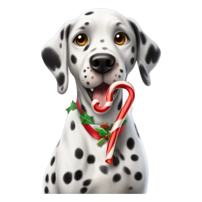 A Dalmatian with brown spots holds a caramel Christmas candy cane in his teeth sticker
