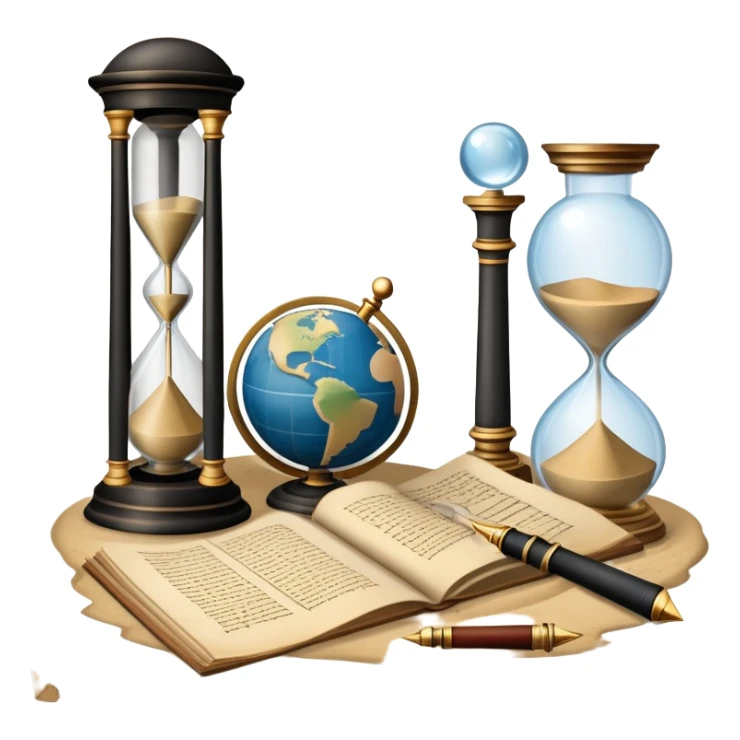 An icon featuring ancient scrolls, a quill pen, and large, old-fashioned sand clocks, symbolizing the study of history. The design includes a globe and a timeline with significant historical events, set against ruins to evoke past civilizations. Transparent background highlights the passage of time. sticker