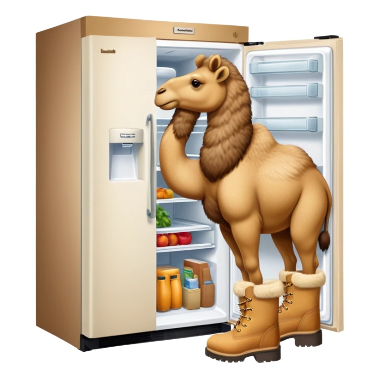 A white kitchen refrigerator with camel head poking out from an open door and furry camel legs wearing classic wheat-colored Timberland boots sticker