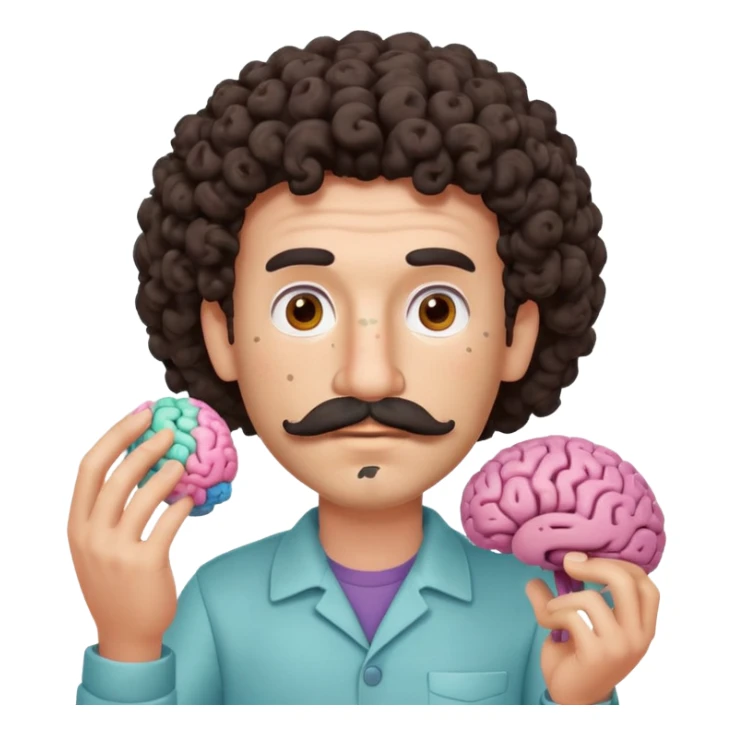 Enhance the claymation man holding a brain by adding more depth and dimension to the image. Make him more attractive and quirky, inspired by the first version, with dark curly hair, thick mustache, light skin, freckles, more movement, claymation style, visible fingerprints, and pastel colors. sticker