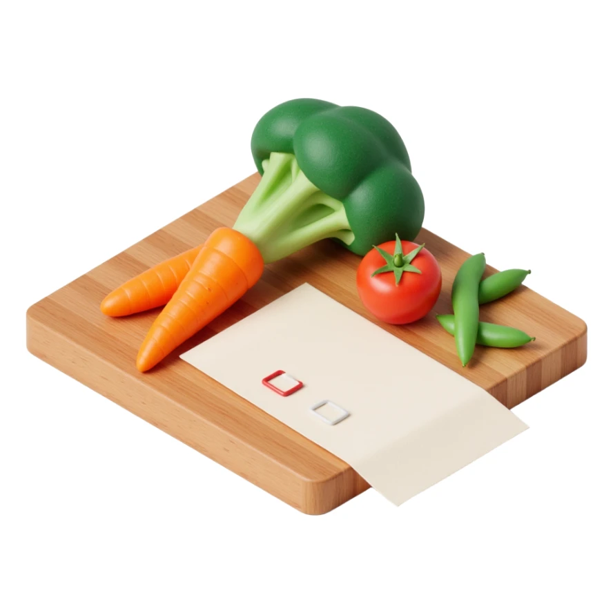 3D isometric illustration of a wooden cutting board with fresh vegetables (carrot, broccoli, tomato, peas), a paper grocery list with checkboxes, soft lighting, realistic textures, floating shadows, minimalistic style, dark background, modern food planning app aesthetic sticker