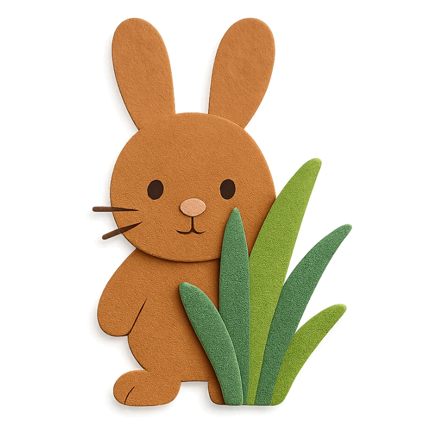 full-body cinnamon bunny peeking behind a plant, paper-craft style, both ears matching in shape, size, and position sticker