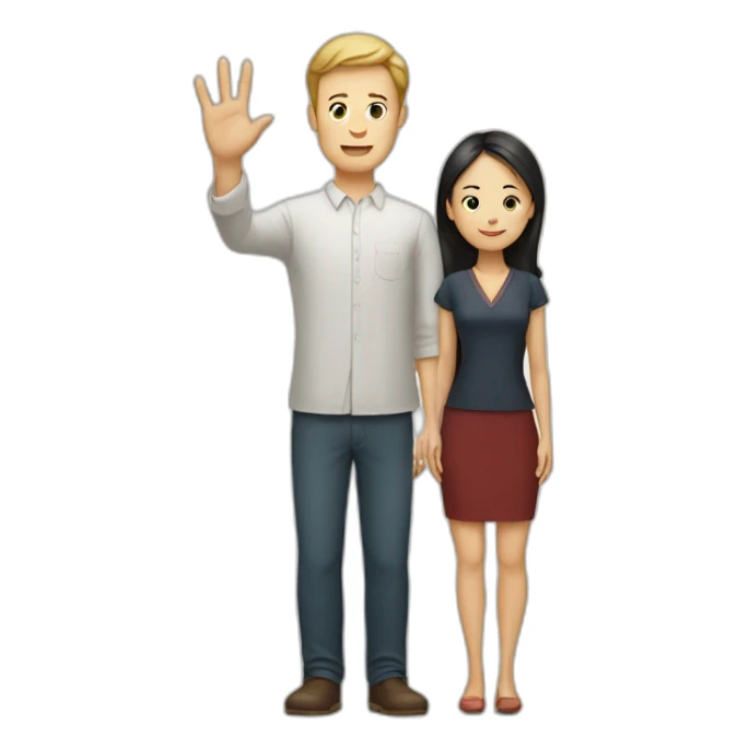 White man putting hand up to Chinese woman sticker