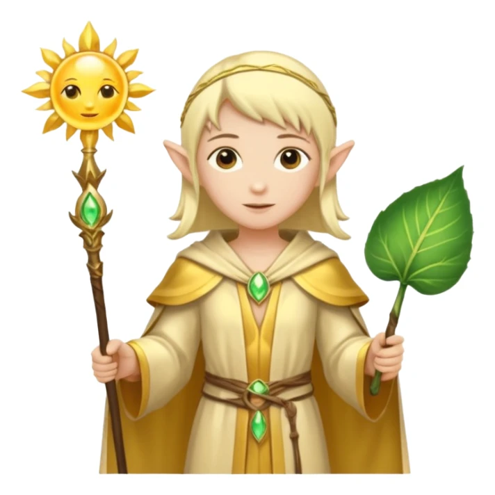 {
      "type": "human",
      "look": "light elf healer, golden robe, staff with leaf and sun",
      "description": "a light elf healer wearing a golden robe and holding a staff with leaf and sun"
    } sticker