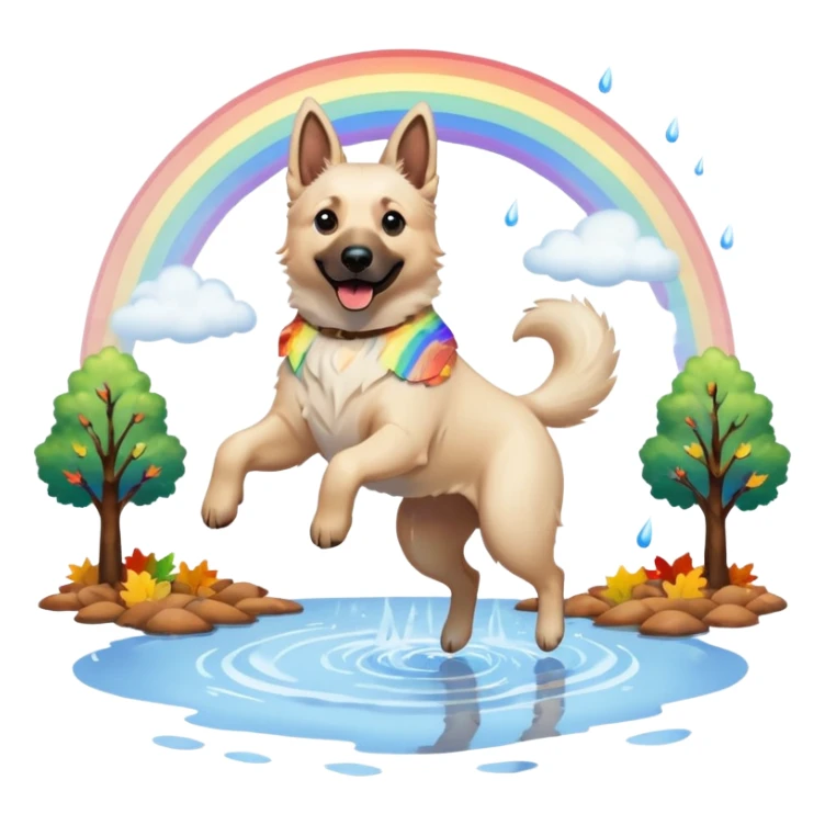 Beautiful White belgian Shepard jumping Cheerful  over Rain puddles. There is a rainbow in the sky and trees with Brown leafs in the background sticker