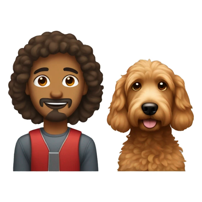 Brown man with straight hair and a red goldendoodle sticker