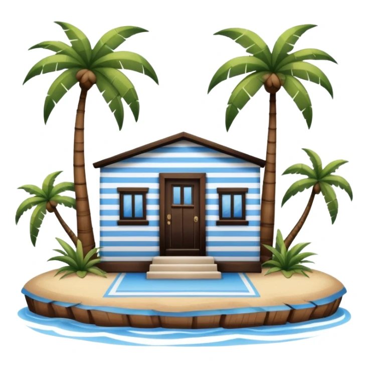 A full square 1 by 1   white and blue stripe building  horizontally with brown wooden door on a island with palm trees  sticker