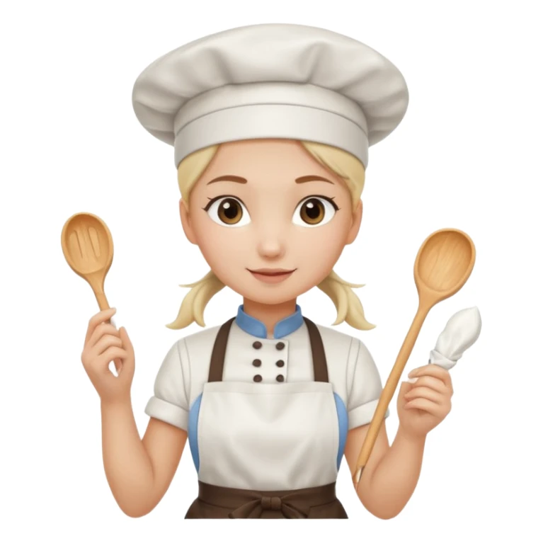 Young female pastry chef - ponytail, apron, wearing a white hat, holding a cream piping bag sticker